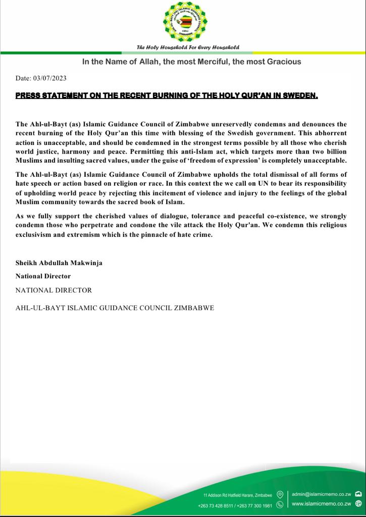 PRESS STATEMENT ON THE RECENT BURNING OF THE HOLY QUR’AN IN SWEDEN